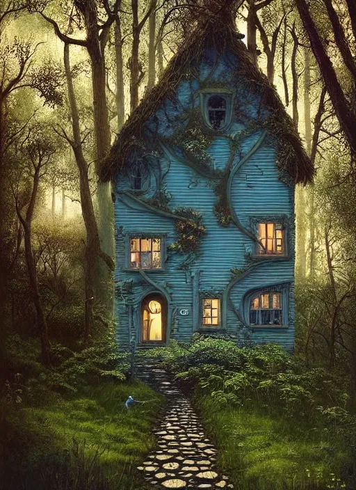 Image similar to hyper realistic homely ornate modern witch cottage distant down a path in the woods gorgeous lighting, blue sky, highly detailed, lush forest by zdzisław beksinski and norman rockwell and greg rutkowskiweta studio, and lucasfilm