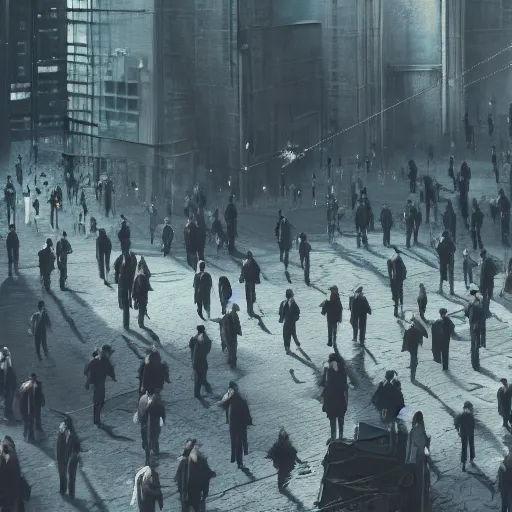 Image similar to hordes of drone-like people aimlessly walking around a depressing dystopian cityscape , trending on artststion, hyper realistic, surreal, melancholic, 8k, upscaled