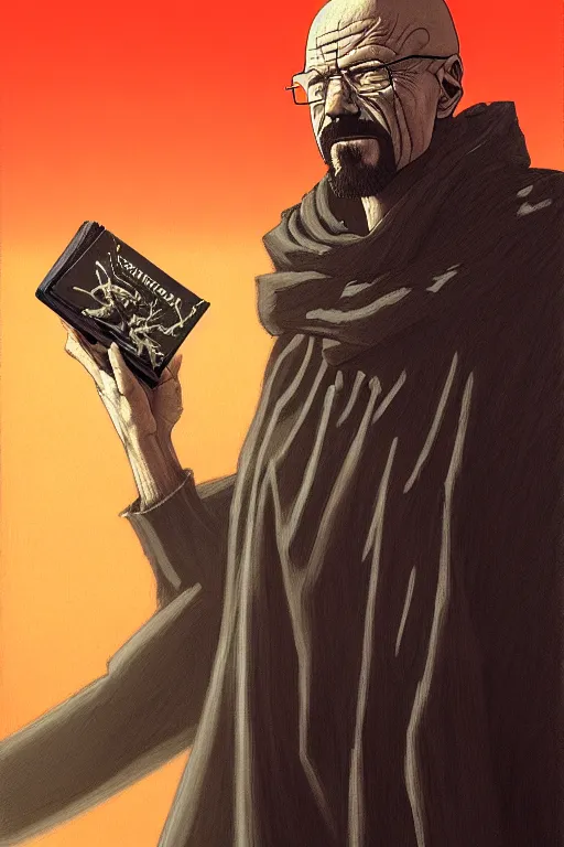Prompt: painting of walter white as a cloaked tech priest holding a book, adeptus mechanicus!, cybernetic enhancements attached to his body, praise the omnissaiah, zdzislaw beksinski, lewis jones, mattias adolfsson, warhammer 4 0 k!!, cold hue's, warm tone gradient background, concept art, digital painting