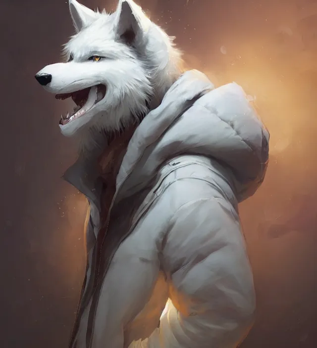 Image similar to a beautiful portrait of a handsome male anthropomorph white wolf furry fursona wearing a hoodie. character design by cory loftis, fenghua zhong, ryohei hase, ismail inceoglu and ruan jia. artstation, volumetric light, detailed, photorealistic, rendered in octane