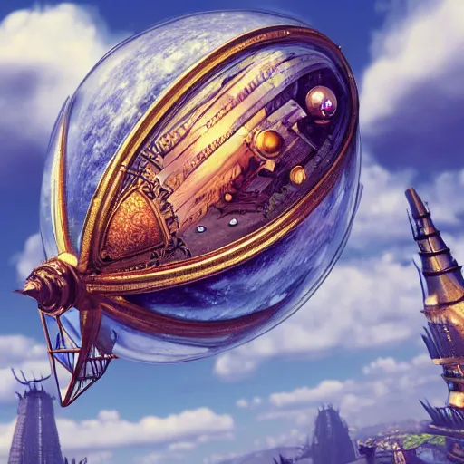 Image similar to enormous flying city in a faberge egg, cloudy sky background, steampunk, fantasy art, masterpiece, unreal engine