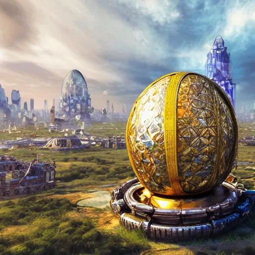 Prompt: enormous flying city in a faberge egg encircled by giant metallic petals, cloudy sky background, steampunk, fantasy art, masterpiece, unreal engine