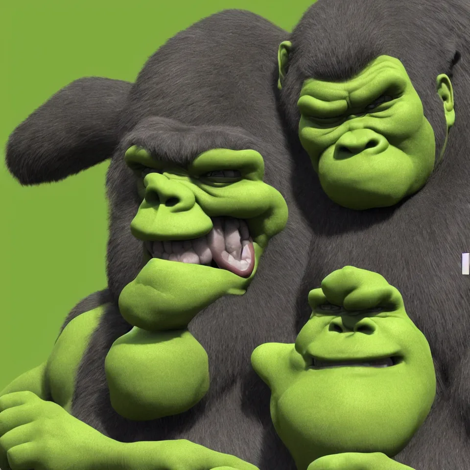 Image similar to A gorilla that looks like Shrek, 3D model, Unreal Engine, Blender, highly detailed