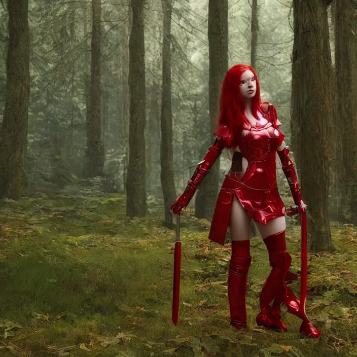 Prompt: a girl with long red hair wearing a red plate armor and hding a big red sword in a forest, 3d render, octane render, unreal engine 5, 8k hdr, hyperrealistic, highly detailed, high quality, concept art, trending on Artstation