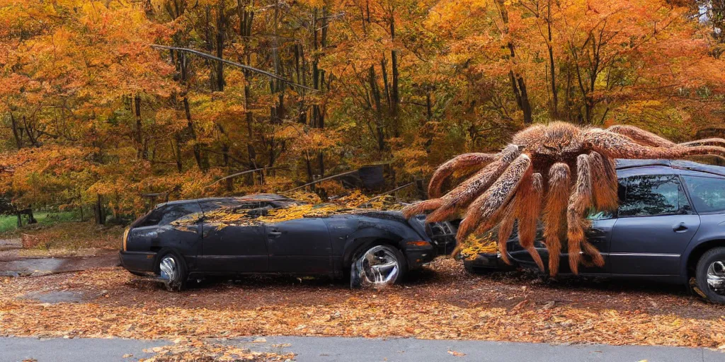 Prompt: A photo of a giant tarantula waits behind a car in autumn pennsylvania