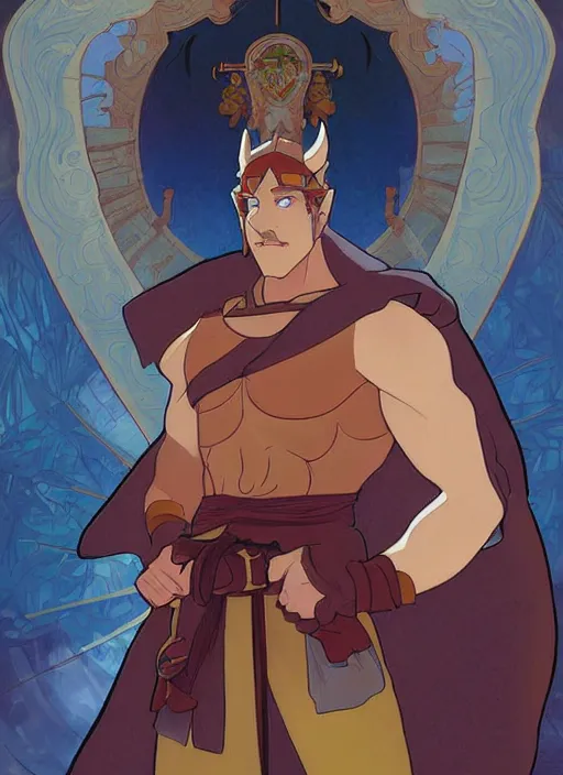 Image similar to official digital painting artwork of a male warrior character by don bluth, ross tran and studio ghibli + alphonse mucha.