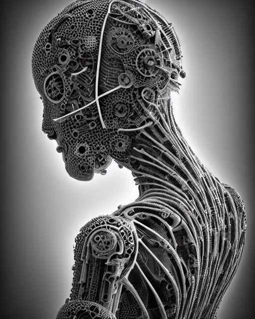 Image similar to mythical black and white organic bio-mechanical spinal ribbed profile face portrait detail of mechanical beautiful female angelic-vegetal-cyborg, highly detailed, intricate steampunk ornate, poetic, 3D render, digital art, octane render, 8K artistic photography, photo-realistic, by Dora Maar