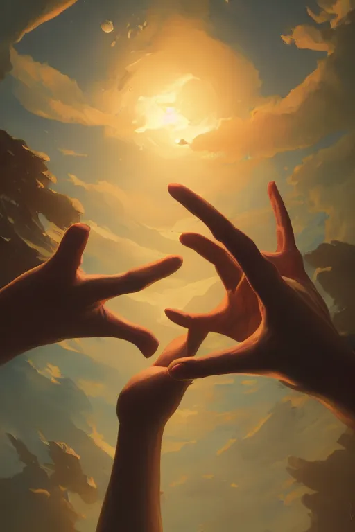 Image similar to a hand reaching out to another hand, behance hd by jesper ejsing, by rhads, makoto shinkai and lois van baarle, ilya kuvshinov, rossdraws global illumination ray tracing hdr radiating a glowing aura