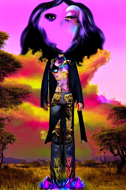 Image similar to Ethereal safari landscape with a pink rainbow sky under a god moonstone, black leather and embroidered Lolita dapper bespoke avant-garde tuxedo in velvet, black and gold rich color, dramatic cinematic lighting, featured on Artstation, extremely detailed by Lisa Frank