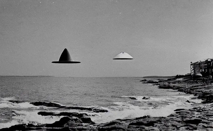 Image similar to ufo above a beach, old photo, newspaper photo, front page news