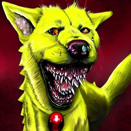 Prompt: digital drawing of a yellow monster dog with iron armor and fangs protruding from its snout, concept art, hyper detailed, global light, painted, yellow and red, low contrast, lowlights, hdr 8 k, by artgerm