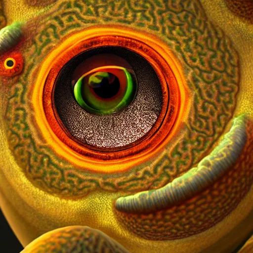 Prompt: whimsical fiery cephalopod eyes, in a photorealistic electron microscope with shallow dof