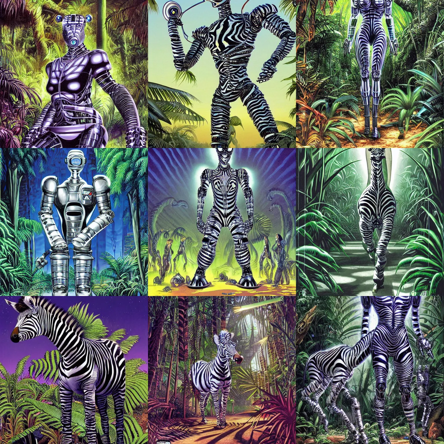 Prompt: a cyber robot zebra made of chrome standing before a light jungle, painting by arthur adams and ed binkley and jim burns