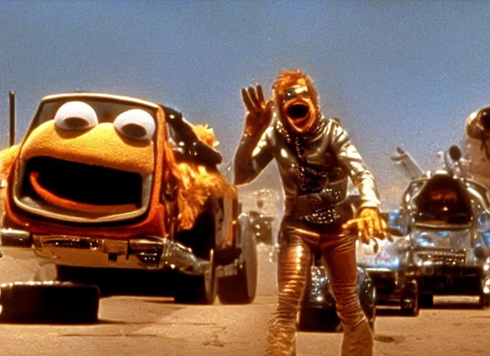 Image similar to scene from the 1979 science fiction film Muppet Mad Max