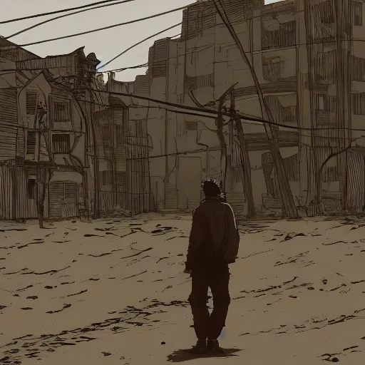 Image similar to a man looking at the sky, texture, brown mud, dust, tangled overhead wires, telephone pole, dusty, dry, pencil marks, genius party,shinjuku, koji morimoto, katsuya terada, masamune shirow, tatsuyuki tanaka  hd, 4k, remaster, dynamic camera angle, deep 3 point perspective, fish eye, dynamic scene