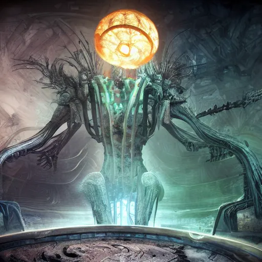 Image similar to phyrexian dreadnought plus borg queen hybrid with protomolecule vesicles being possessed by the machine spirit artists tram pararam and doctor seuss with beryl cook and hr giger neon high contrast cinematic light, mystical shadows, sharp focus, warhammer fourty k, octane render