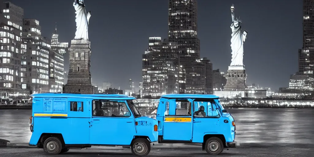 Image similar to a lonely blue tuk tuk with the statue of liberty in the background, night, full color