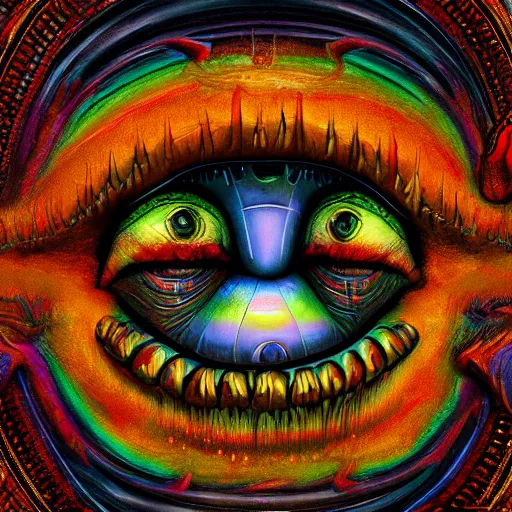 Image similar to dark fantasy, 4 k, textured 3 d, intense detail, dark psychedelic, hideous one eyed monster, amazing background, alex grey style