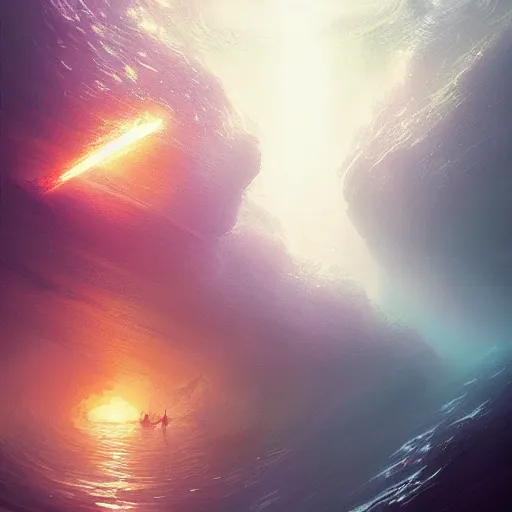 Image similar to falling into the deep, god rays, drowning, artstation, 4k, by greg rutkowski,