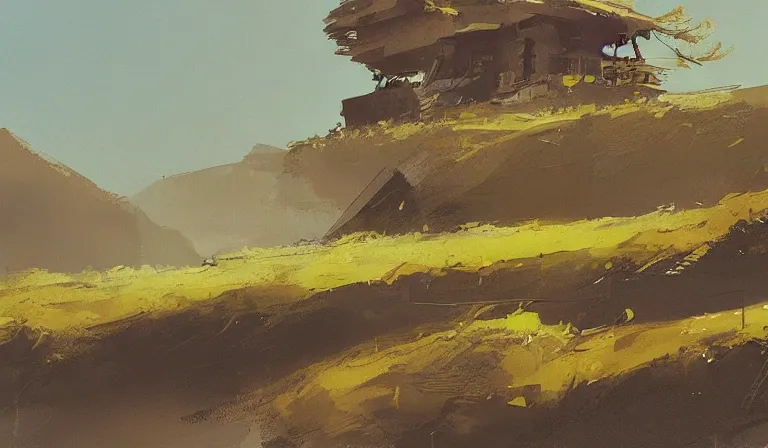 Prompt: A serene landscape with a singular building in the style of John Berkey.