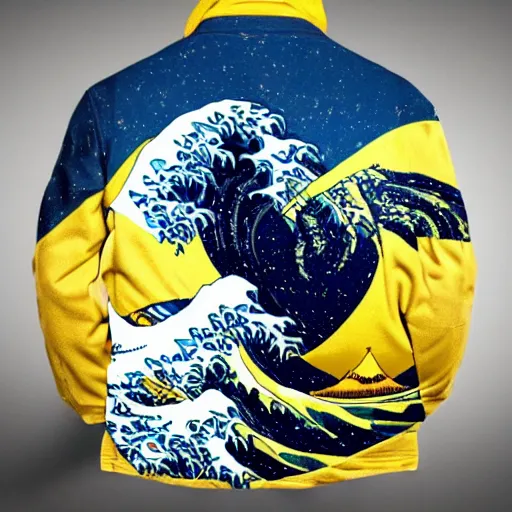 Image similar to Dwayne Johnson wearing a The Great Wave off Kanagawa jacket