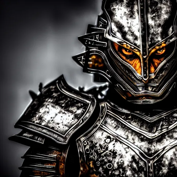 Prompt: photo of a warrior with metal tiger theme armour, 4 k, hdr, smooth, sharp focus, high resolution, award - winning photo