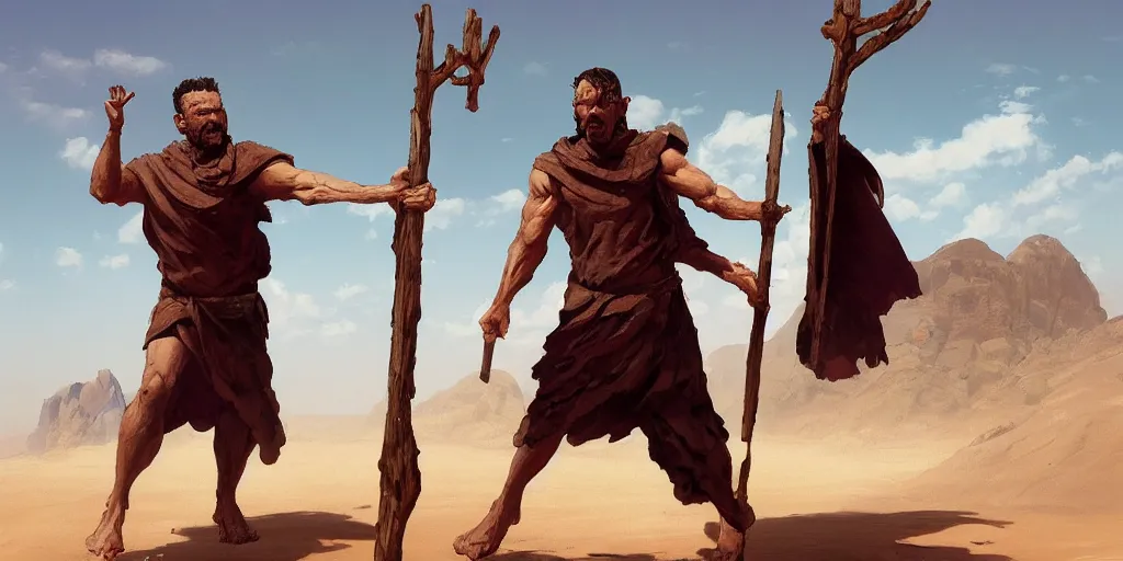 Prompt: A digital painting of a 30 year old man in Biblical clothing walking in the desert with a wooden staff in his hand, by Stanley Artgerm Lau, frank frazetta, Rossdraws, James Jean, gerald brom, Andrei Riabovitchev, Marc Simonetti, and Sakimichan, trending on artstation, SFW version