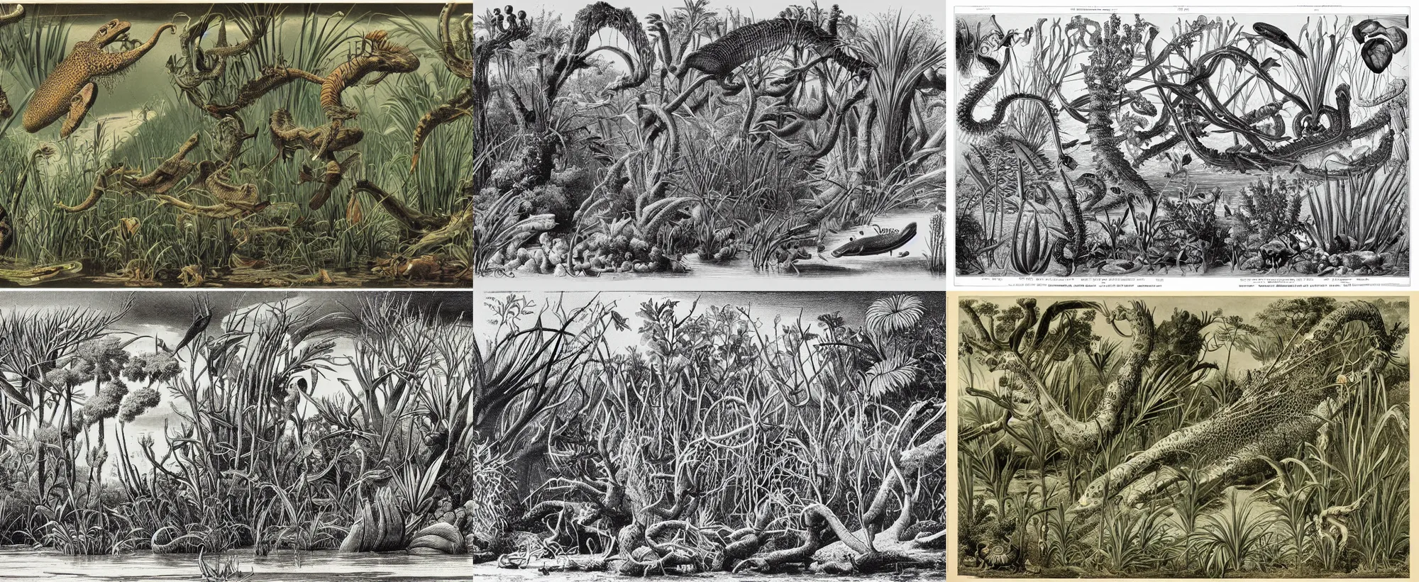 Prompt: swamp with rich and very beautiful life inside zoological scientific illustration, made by Ernst Haeckel