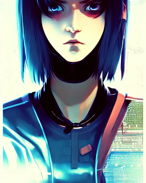 Image similar to a comic potrait of a cyberpunk cyborg girl with big and cute eyes, fine - face, realistic shaded perfect face, fine details. night setting. very anime style. realistic shaded lighting poster by ilya kuvshinov katsuhiro, magali villeneuve, artgerm, jeremy lipkin and michael garmash, rob rey and kentaro miura style, trending on art station