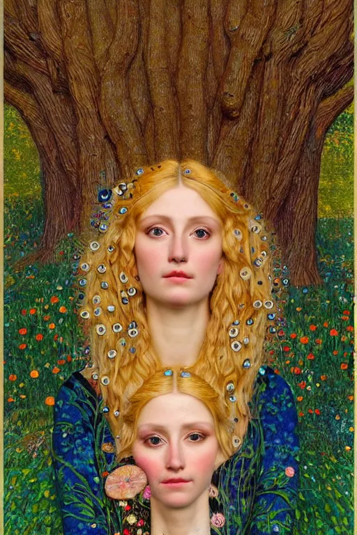 Image similar to portrait of a realistic ethereal woman with blond hair covering one eye with one hand, wearing a mosaic dress in the forest at night, in the style of john william godward and gustav klimt, intricate details, colorful, high detail, 8 k, art nouveau, face symmetry, masterpiece, sharp focus