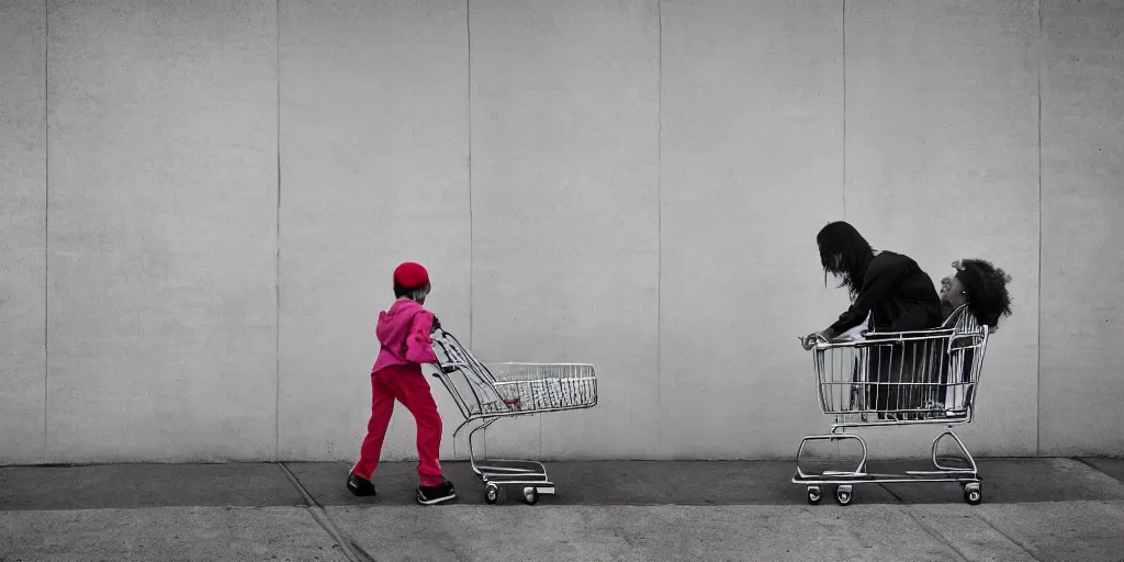 Image similar to homeless mother pushing a shopping cart with a child riding in it, in front of a blank wall, hyperrealistic