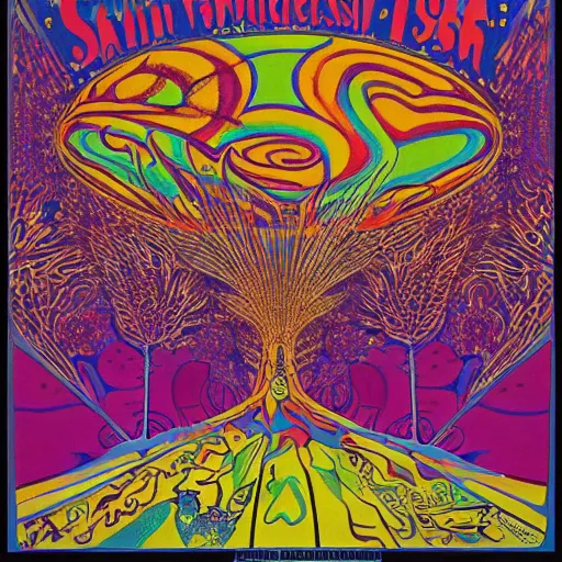 Image similar to a detailed, intricate, psychedelic 1960s poster for a concert in San Francisco featuring Marc E Smith of The Fall, in 1966, LSD, trippy,The Fall