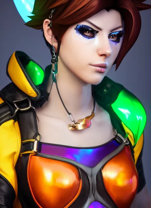 Prompt: portrait bust digital artwork of tracer overwatch, wearing iridescent rainbow latex and leather straps catsuit outfit, 4 k, expressive whistling face, makeup, in style of mark arian, angel wings, wearing detailed leather collar, chains, black leather harness, detailed face and eyes,