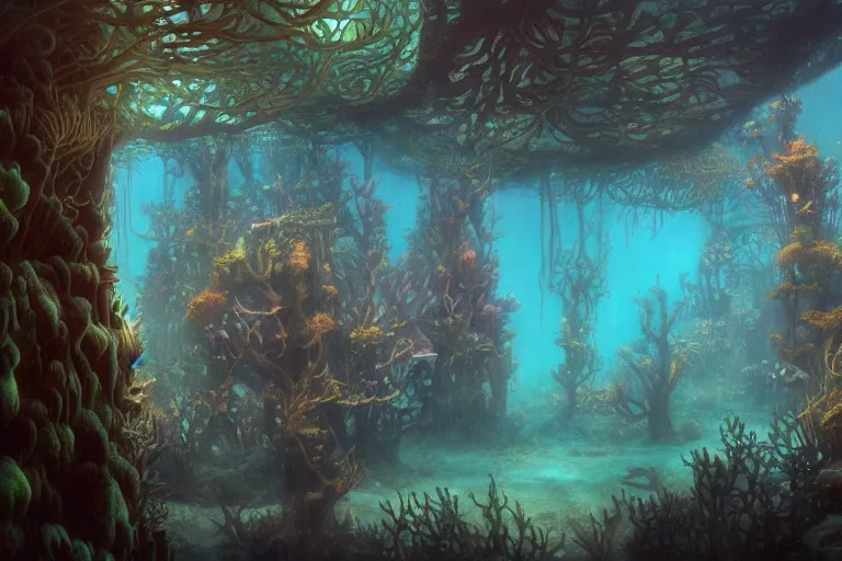 Prompt: Fantastical underwater forest by Shaun Tan and Eywind Earle, trending on artstation