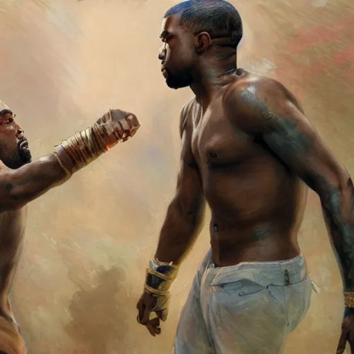 Prompt: a beautiful painting of kanye west fighting pete davidson, rendered art, highly detailed painting by gaston bussiere, craig mullins, j. c. leyendecker 8 k, trending on artstation, art, fighting, watercolor