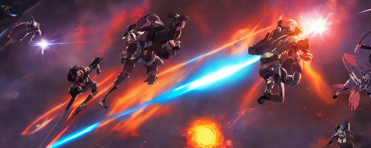 Image similar to fantasy epic monkey gunfight in space, laser guns, anime, evangelion, concept art, 4 k