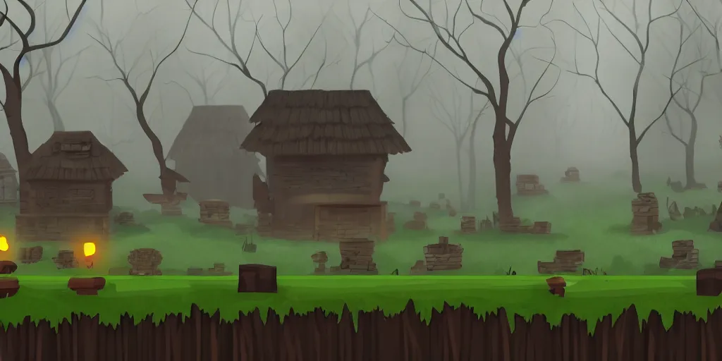 Image similar to village in the woods, ominous mist, 2 d platformer