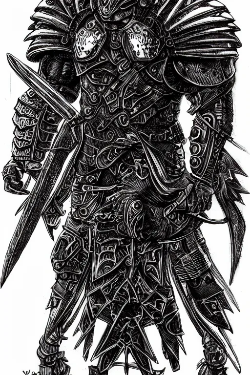 Image similar to armoured warrior humanoid monster, symmetrical, highly detailed, digital art, raven themed armour, sharp focus, trending on art station, kentaro miura manga art style