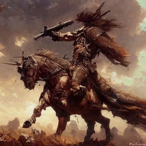 Image similar to battle horse in war, battle field snapshot, muscular, high details, war equipments, dnd, painting by gaston bussiere, craig mullins, greg rutkowski, yoji shinkawa