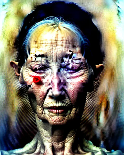 Image similar to close up portrait of anne heche with no eyes and wrinkly hands for face drawn by beksinski, high definition