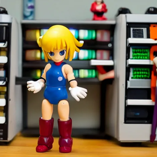 Image similar to photo of figma figures in a diorama : : roll is repairing computers in dr. light's laboratory. roll is a cute female ball - jointed robot ( in the style of mega man ) who has blonde hair with bangs and a ponytail tied with a green ribbon. she is wearing a red one - piece dress with a white collar, and red boots.