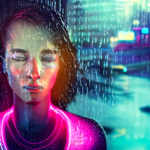 Image similar to human portrait made out of rain, beautiful, neon, epic detail, galactic background, rendered in octane, unreal engine, realistic