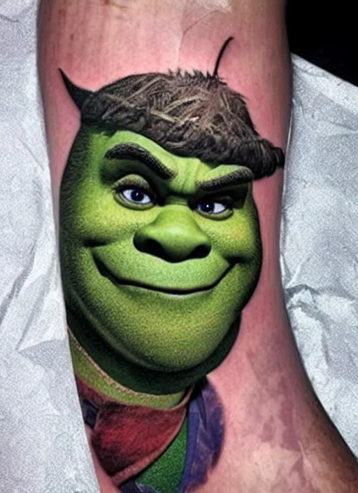 Prompt: 😆 Shrek, dope tattoo, hyperrealistic