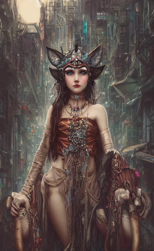 Image similar to hyper realistic Princess Mononoke, ornate mask magic, wet market street, cyberpunk metropolis, city landscape, jewels, full body pose, full moon, crowded streets, style of tom bagshaw, mucha, james gurney, norman rockwell, denoised, sharp