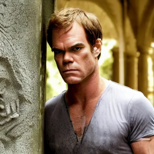 Prompt: dexter morgan as a stone gargoyle gothic architecture