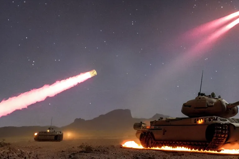 Prompt: battlefield at night, flares light up tanks moving across a desert