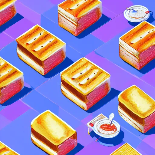 Image similar to fineline painting anthropomorphic toast in an isometric steampunk strawberry jam factory, colour pallette of strawberry shortcake, incredible detail, vray render subsurface scatter drum scanner, intricate complexity, golden ratio, cartoon animation pendleton ward, 8 k detail