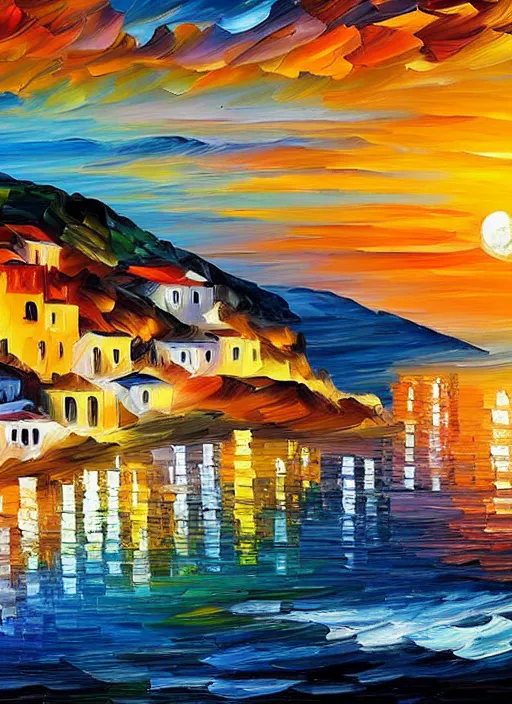 Prompt: beautiful seaside greek village at sunset in the style of leonid afremov