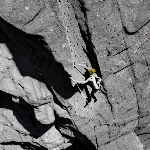 Prompt: Adam Ondra, climbing rock face, image from above, background void of fractals, mandelbrot set, hyperrealistic