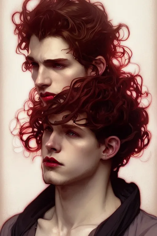 Image similar to portrait of a beautiful young fit male vampire with curly blond hairs and pale skin, dressed with urban clothes, by greg rutkowski and alphonse mucha, d & d character, gradient white to red, modern nocturnal background, highly detailed portrait, digital painting, artstation, concept art, smooth, sharp focus ilustration, artstation hq